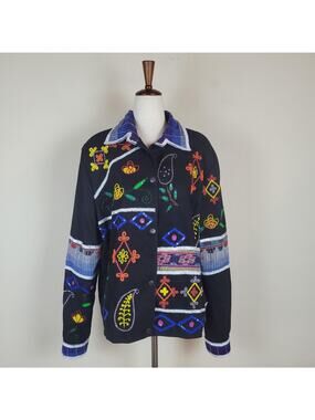VTG MODI DENIM Jacket Med Artisan Paisley Sequin Wearable Art Folk 80s Abstract